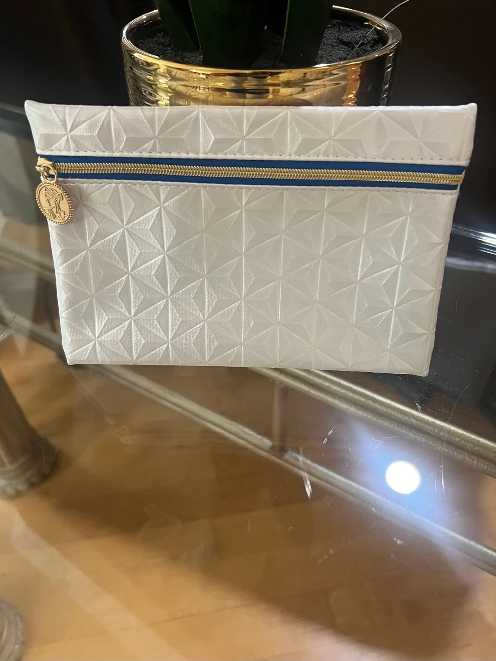 ipsy White Geometric Cosmetic Pouch with Blue Trim and Gold Pull